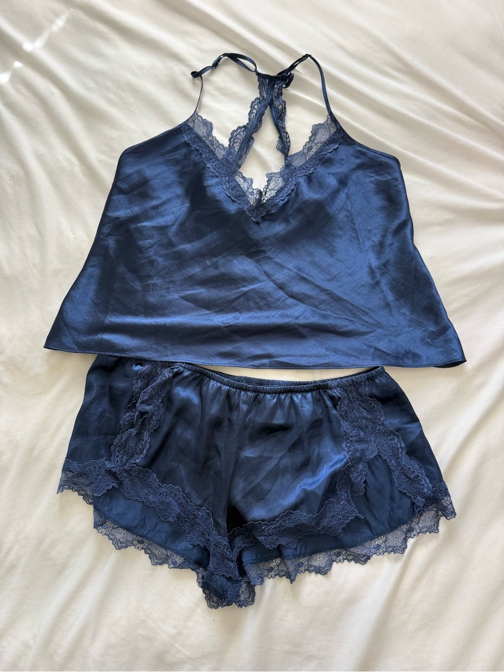 Silk-Feel Navy Lace-Trim Cami & Short Sleep Set